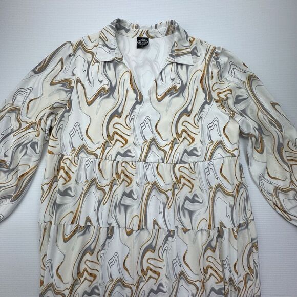 Calstyle Maxi Dress Geometric Gray White Gold Swirl Size XL Balloon Long Sleeve - Picture 4 of 9